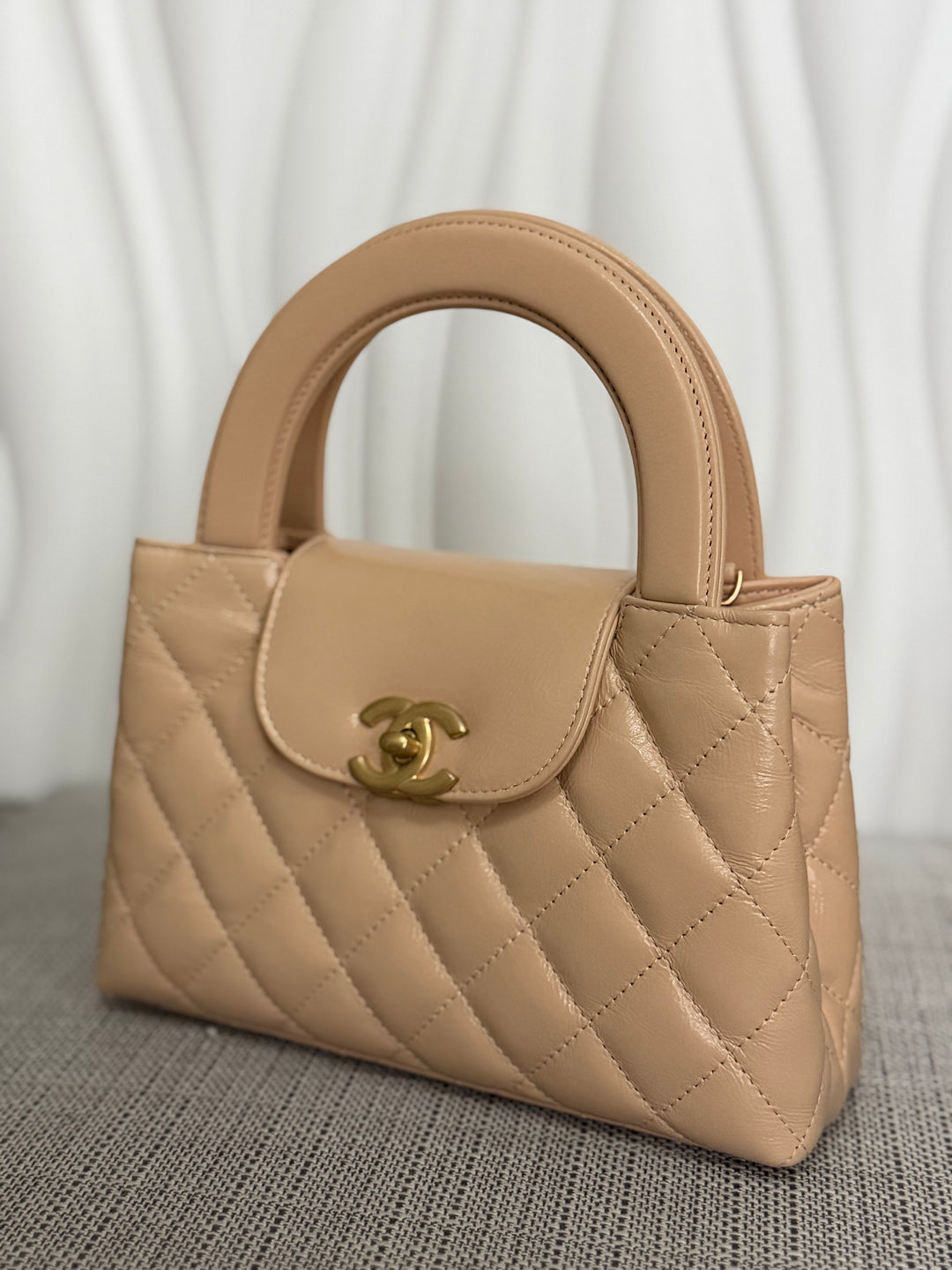 CHANEL 25C Powder Beige Calf Skin aged GHW Kelly Nano Shopping Bag Size Small 19 cms