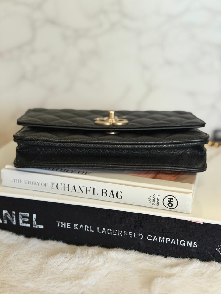 CHANEL Camellia Turnlock Black Lambskin Brushed GHW Classic Wallet on Chain (WOC) microchip 2023