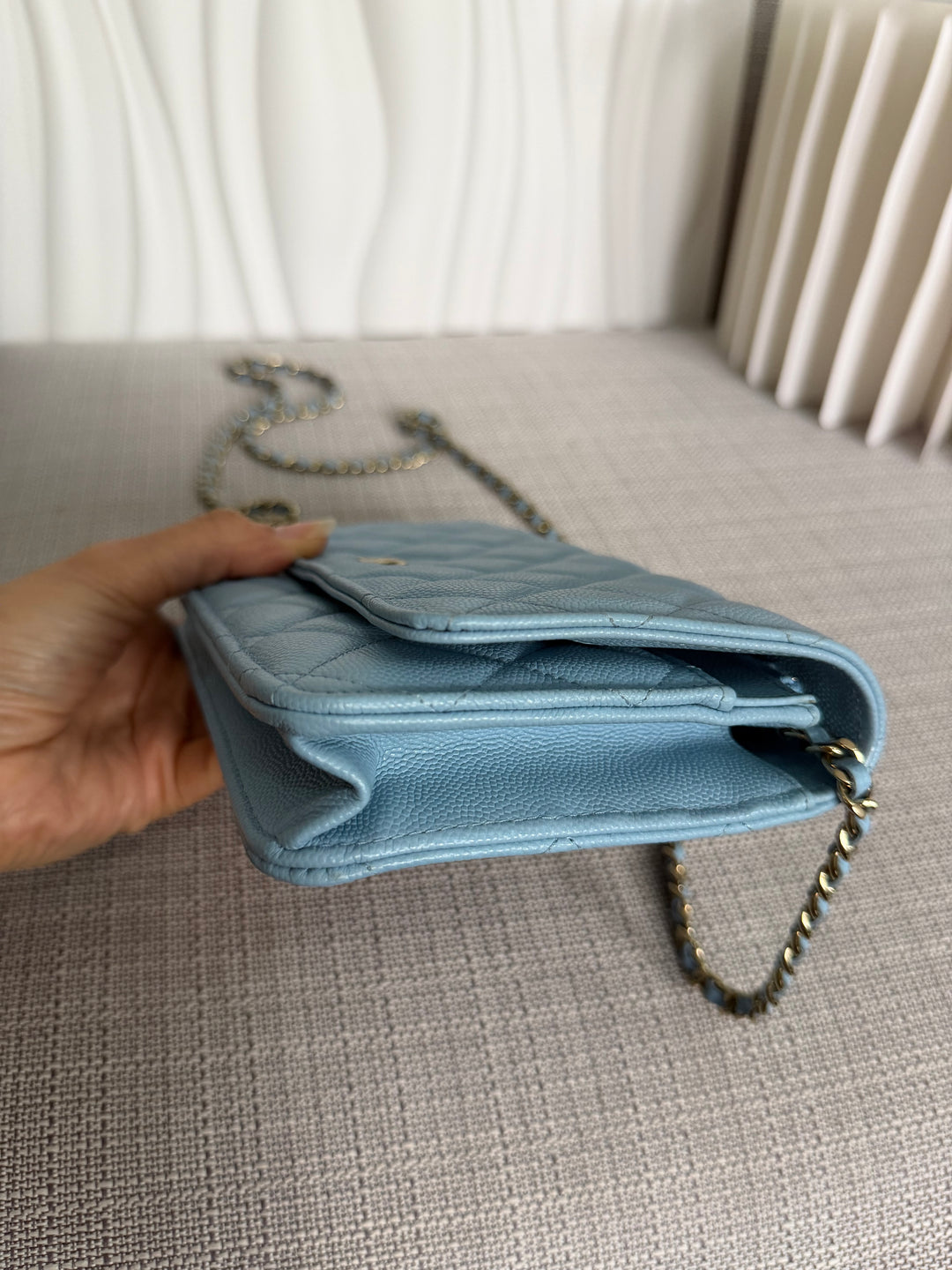 CHANEL 22S Collection 2022 Baby Blue/ Light Blue Caviar LGHW Classic Wallet on chain (WOC)