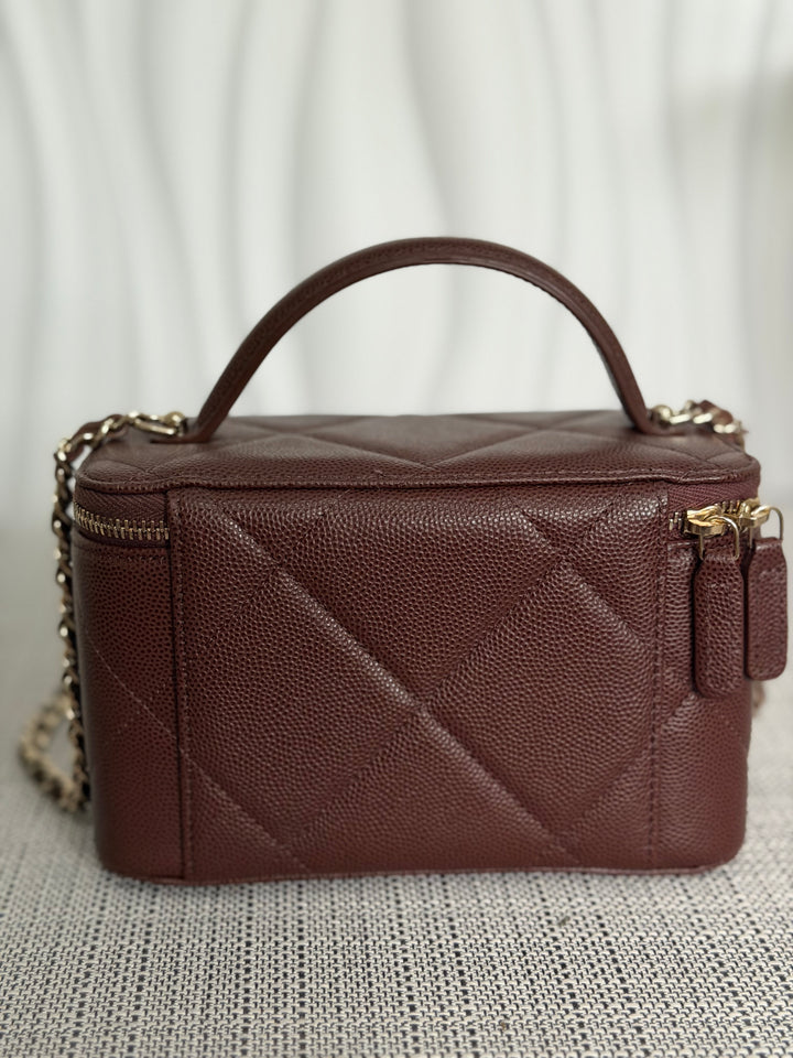 CHANEL 25K 2025 collection Brown Caviar LGHW Leather Top Handle Small Vanity with Chain