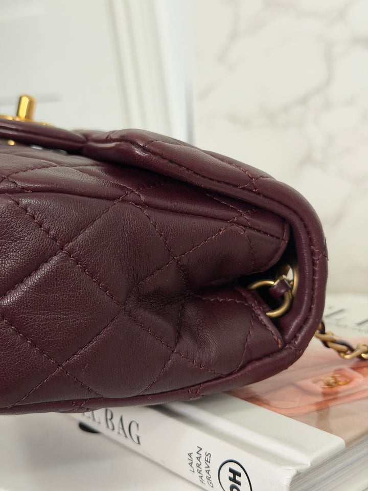 CHANEL 21B Burgundy Lambskin Aged GHW Pearl Crush Adjustable Chain Mini rectangular flap Bag 2021