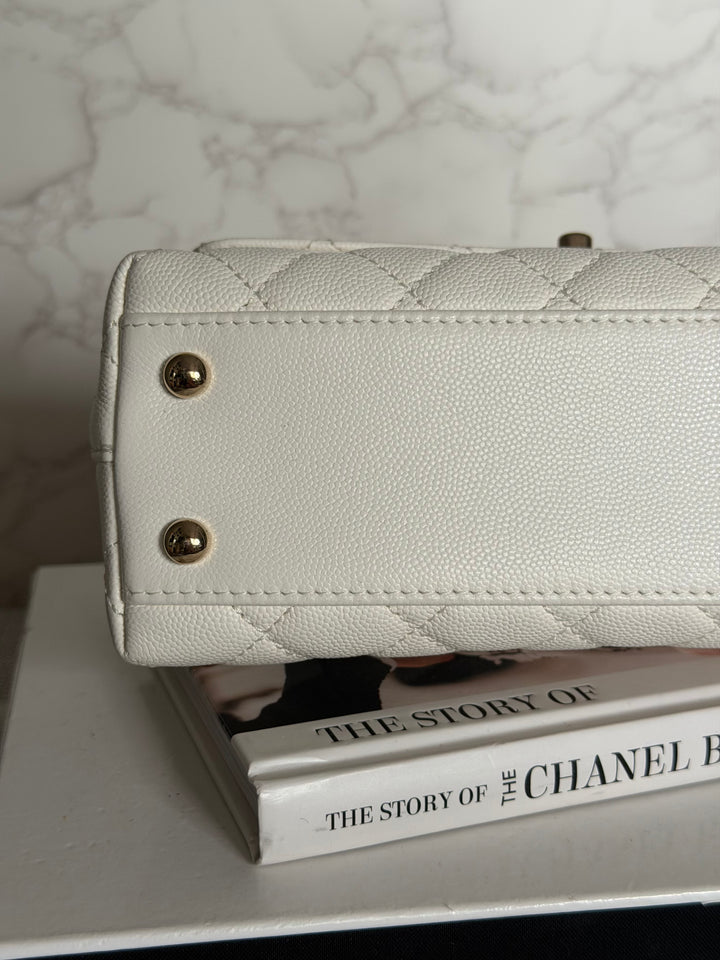 CHANEL White Caviar LGHW Coco Handle Flap Bag Size SMALL with detachable Strap Microchipped