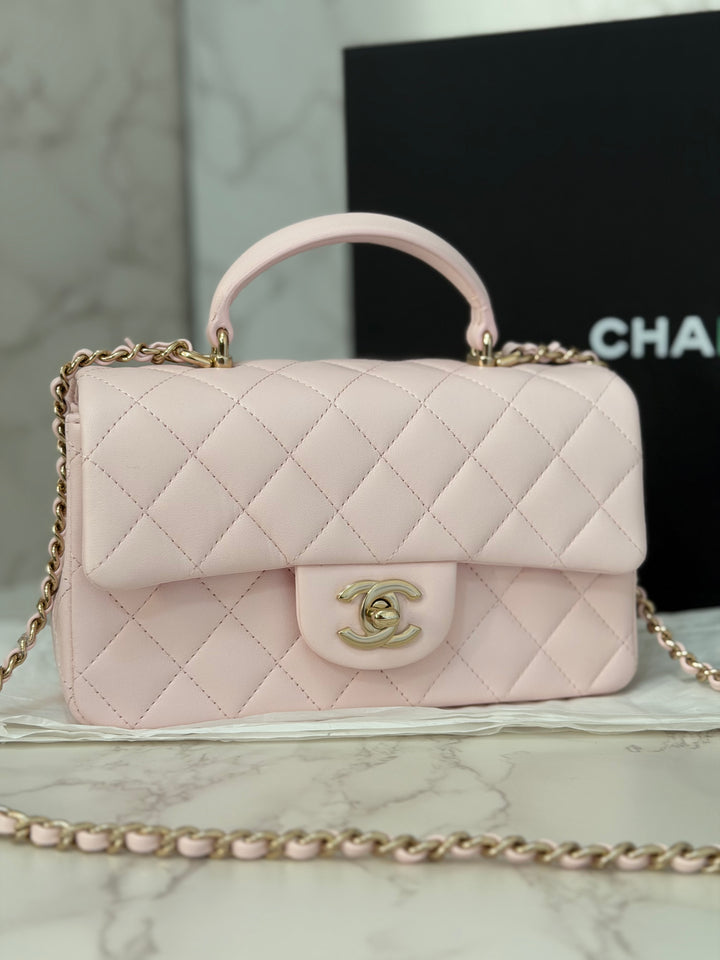 CHANEL 22P 2022 Sakura Light Pink Lambskin LGHW Mini Rectangular Flap Bag with Top Handle