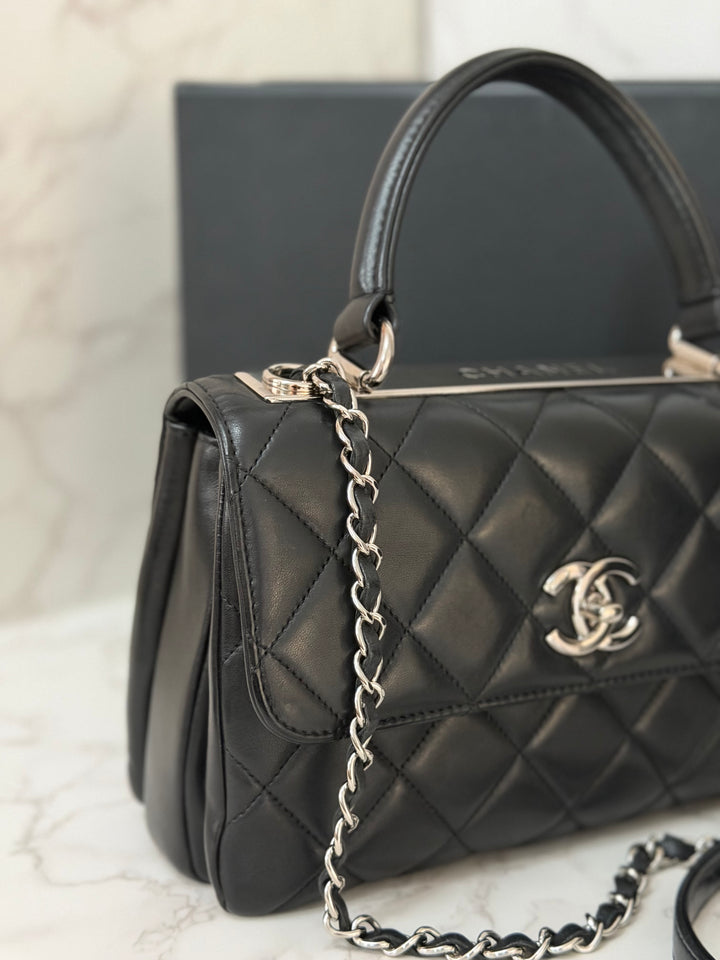 CHANEL series 24 Black Lambskin Silver HW Trendy CC Top Handle Flap Bag with Top Handle and detachable chain