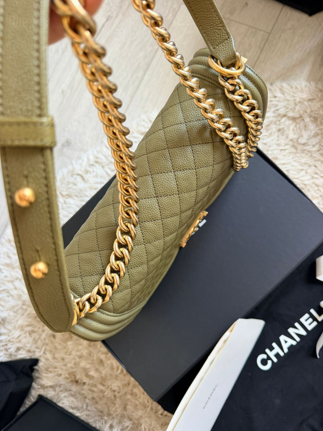CHANEL series 23 Khaki Green Caviar with Pink lining NEW Medium Le Boy Flap Bag 2016
