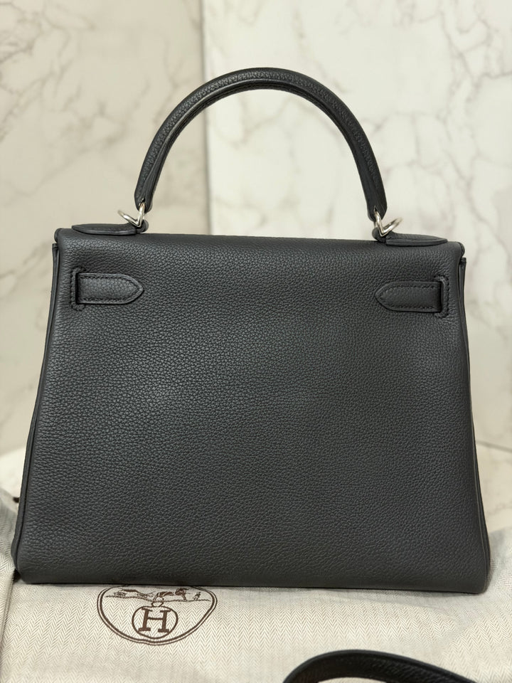 HERMES Noir Black Togo Leather with Palladium Hardware Kelly 28 Retourne Bag Stamp R 2014