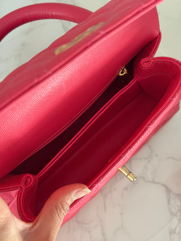 Chanel 23P Collection 2023 Dark Pink Caviar Aged GHW Coco Handle with Detachable Strap and enchained handle size Small