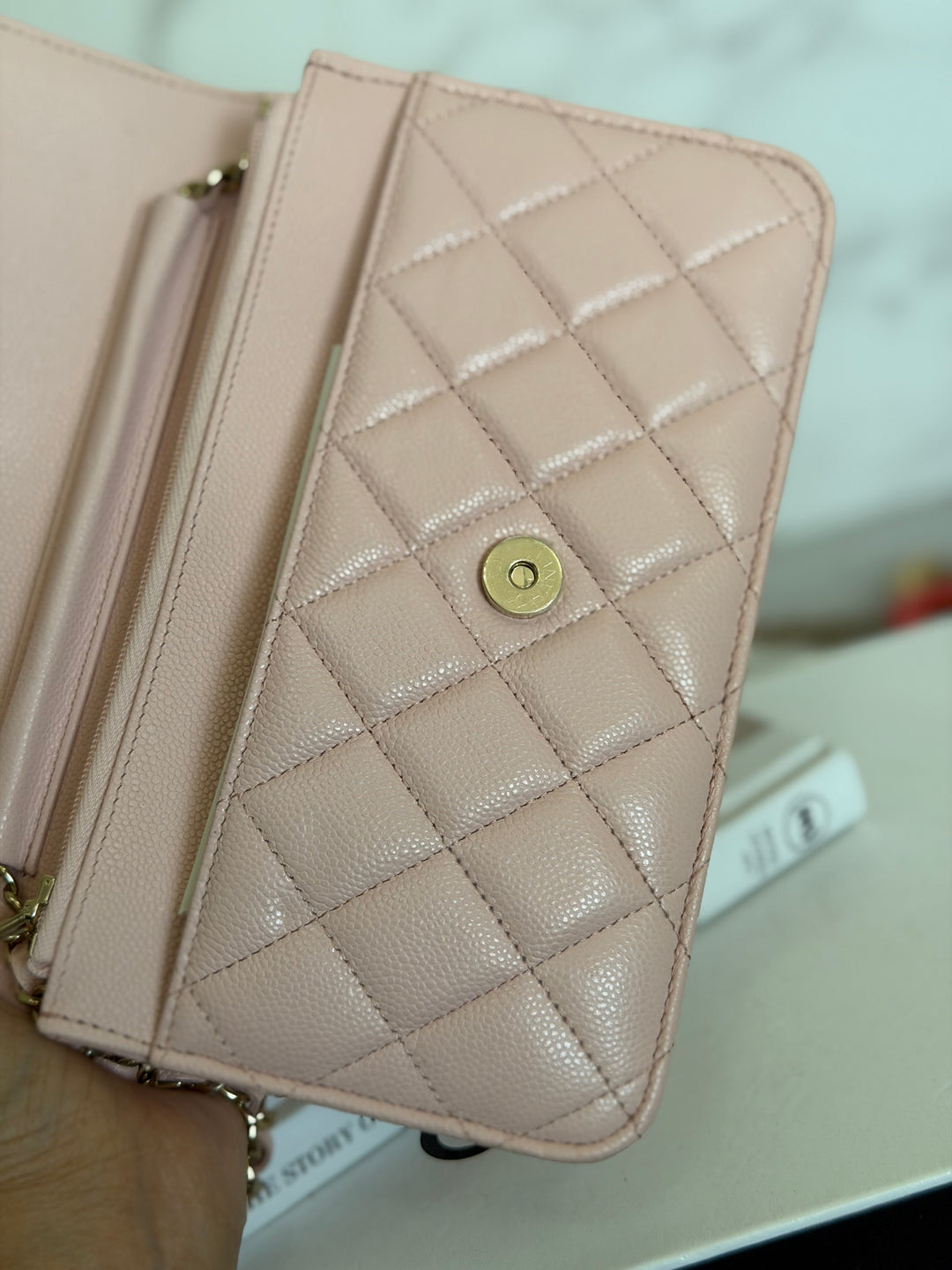 CHANEL Light pink/Nude pink caviar LGHW Classic Wallet on chain (WOC) 2024