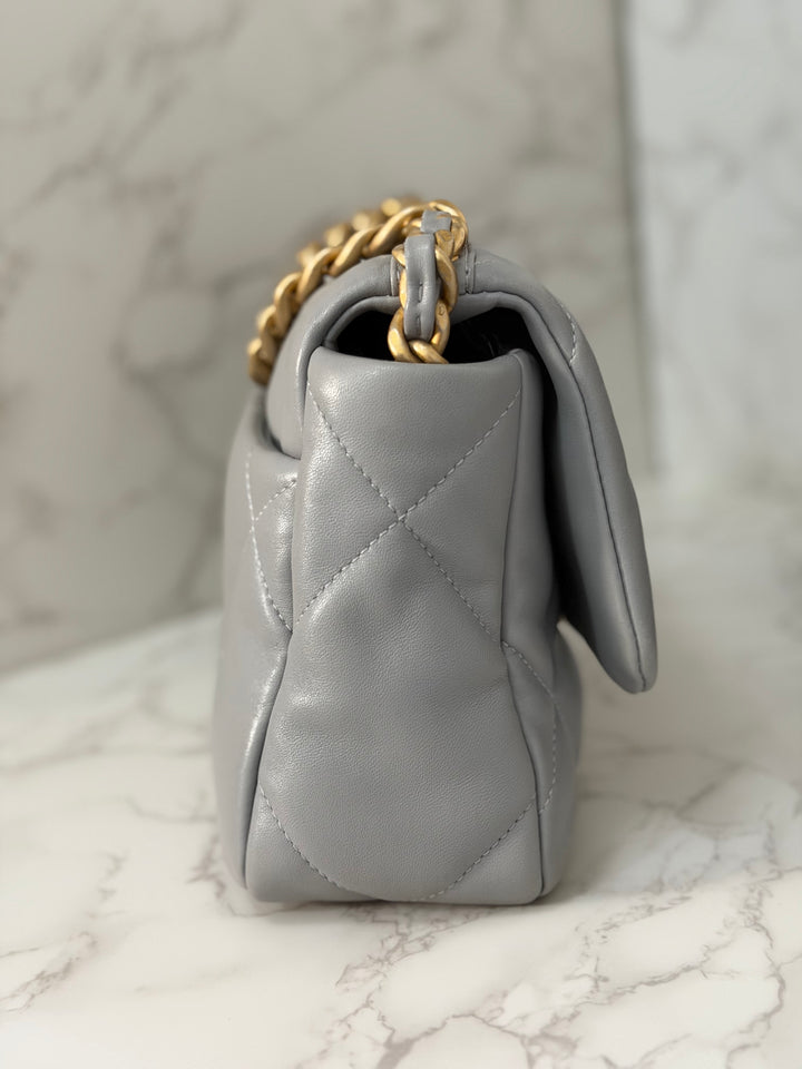 CHANEL 19 size Small Grey Lambskin Mixed Hardware 21B 2021 Flap Bag with Top Handle