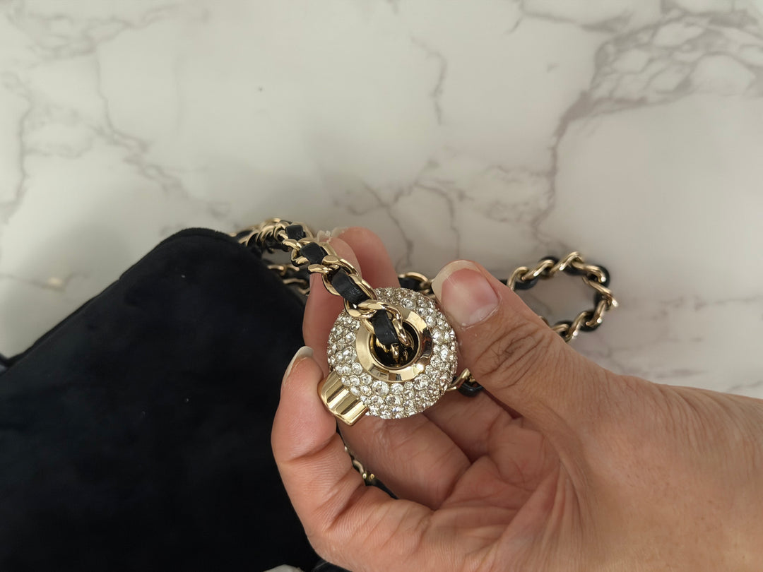 CHANEL series 30 20K collection 2020 Black Velvet Crystal Pearl Crush Adjustable Strap LGHW Mini Rectangular Flap Bag