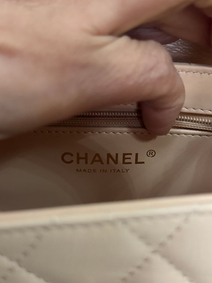 CHANEL 25C Powder Beige Calf Skin aged GHW Kelly Nano Shopping Bag Size Small 19 cms