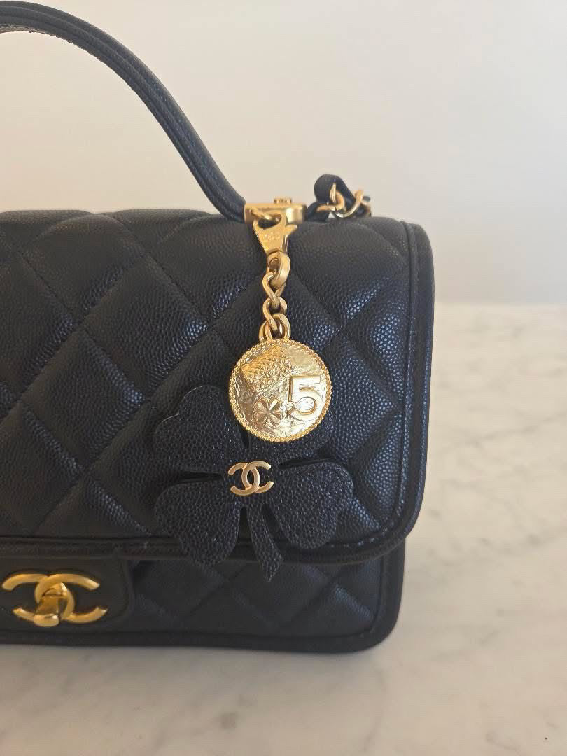 CHANEL 25B 2025 Top Handle Black Caviar Aged GHW with Charm