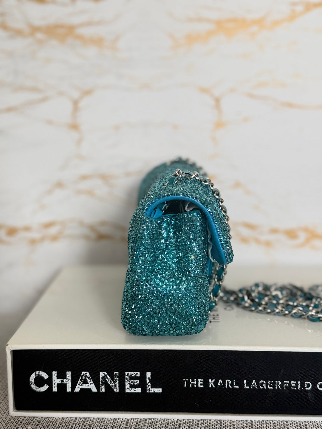 CHANEL series 21 Turquoise Teal Green Blue Diamanté Swarovski Crystal Strasssd Extra Mini Flap Bag with SHW *unicorn* RARE
