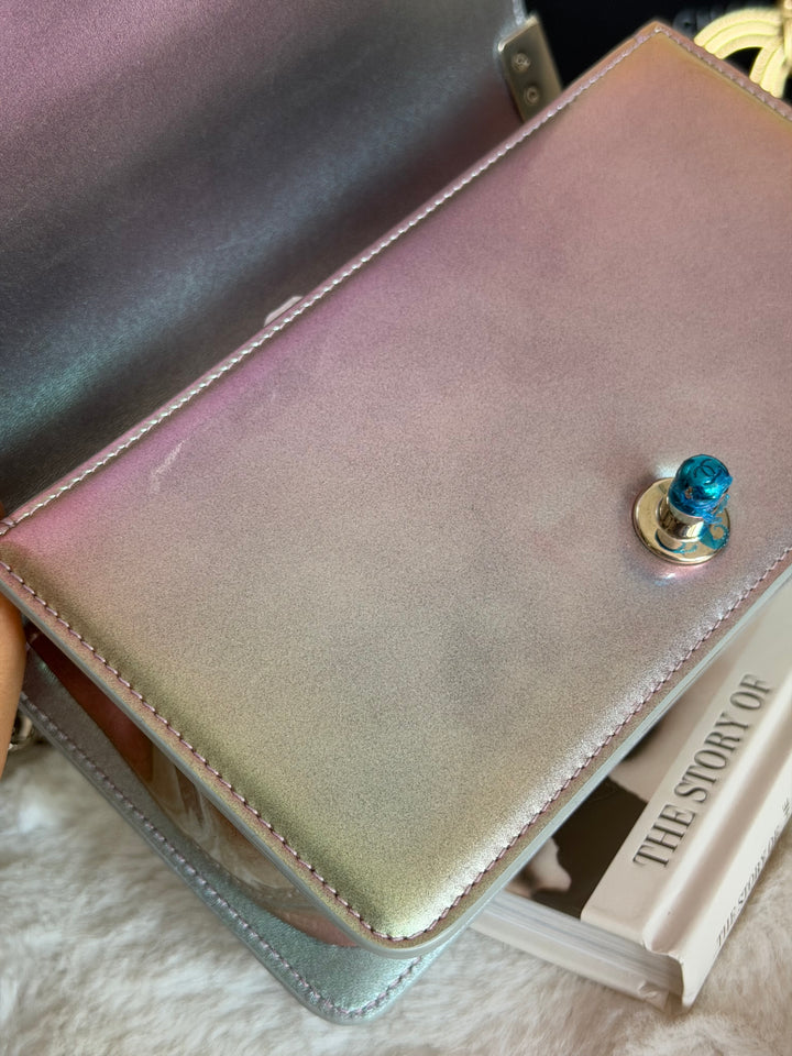 CHANEL 18S Iridescent Patent Calf Skin Purple Blue Mermaid Le Boy Flap Bag size Small