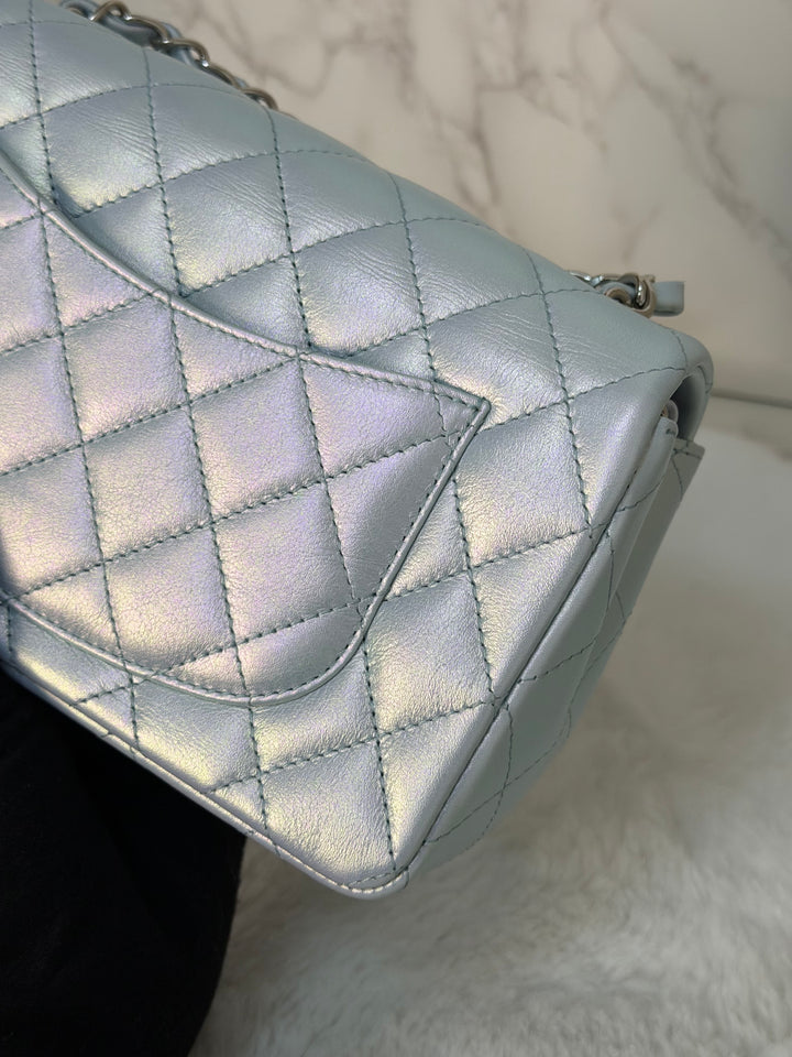 CHANEL 21K 2021 Iridescent light Blue Calf skin SHW Mini rectangular flap bag microchip