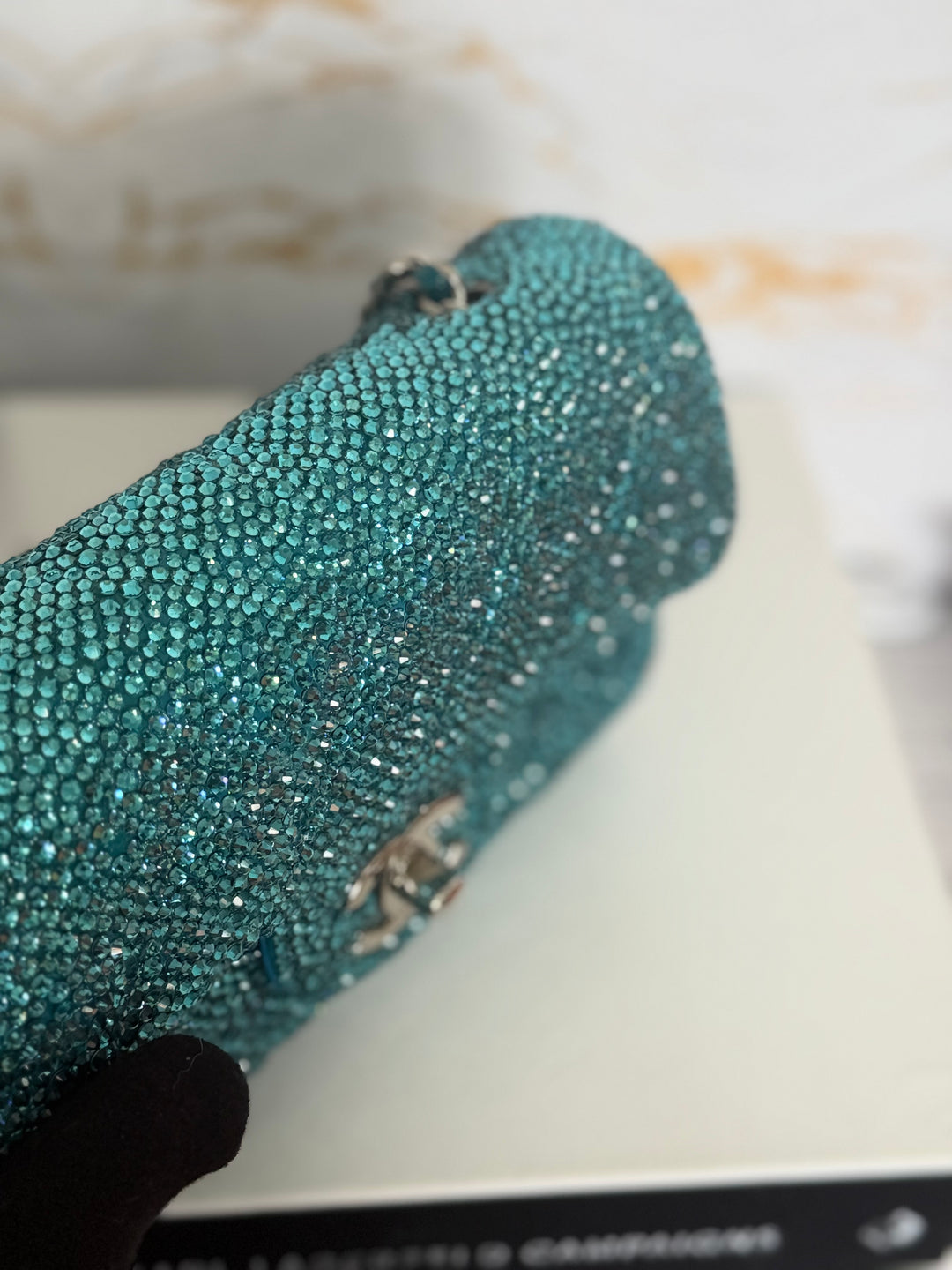 CHANEL series 21 Turquoise Teal Green Blue Diamanté Swarovski Crystal Strasssd Extra Mini Flap Bag with SHW *unicorn* RARE