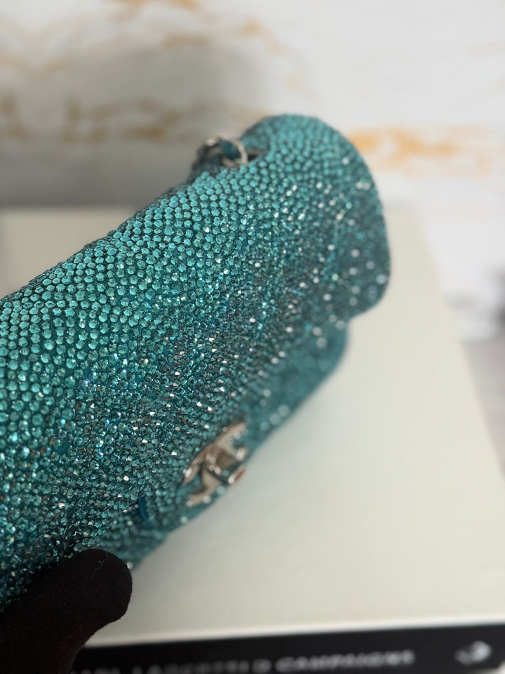 CHANEL series 21 Turquoise Teal Green Blue Diamanté Swarovski Crystal Strasssd Extra Mini Flap Bag with SHW *unicorn* RARE
