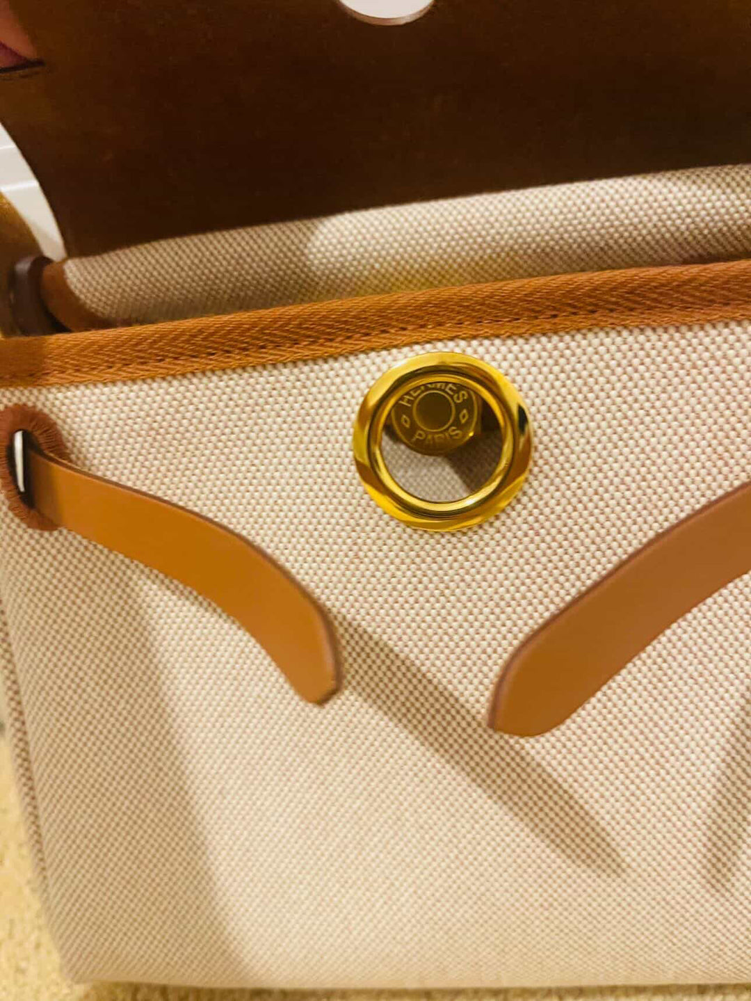 Hermes Herbag 20 Zip Ecru/Fauve Toile H Vache Hunter Leather Size Mini