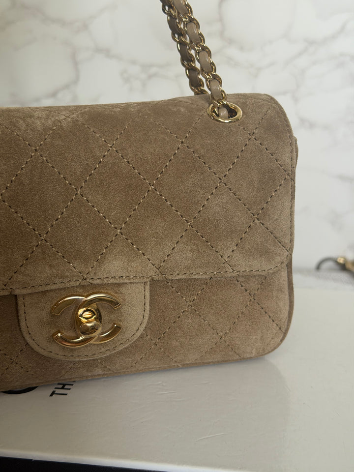 CHANEL 26B Beige Suede Matthie Blazy Mini Flap Bag GHW 2026