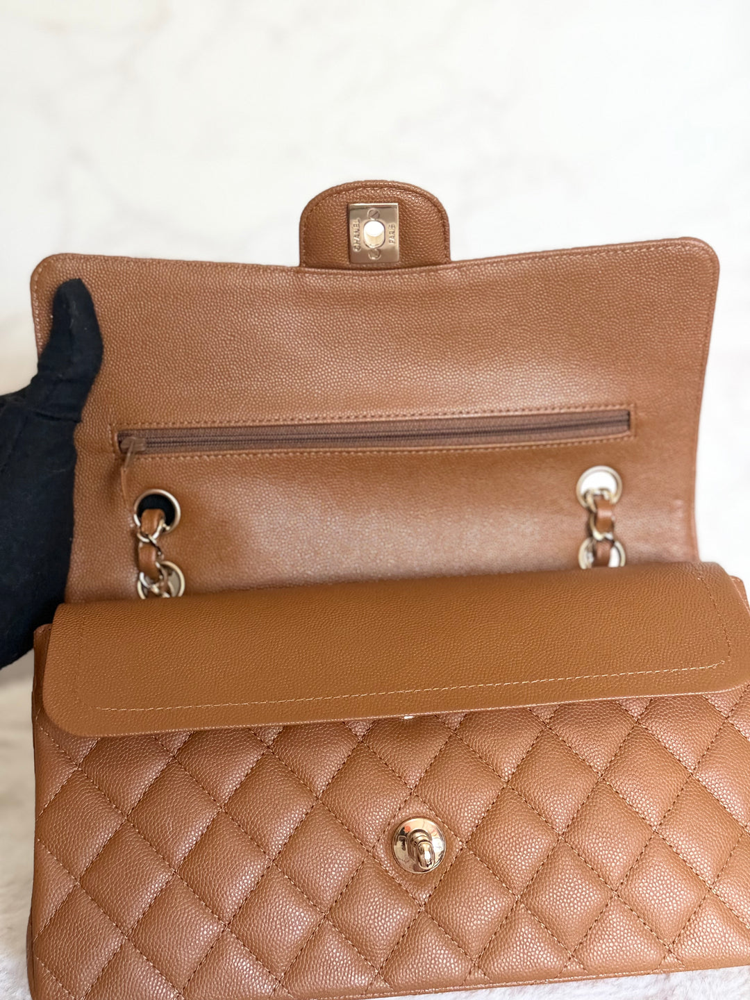 CHANEL 17C Brown Caramel Caviar LGHW Medium ML Timeless Classic Double Flap Bag 2016/2017