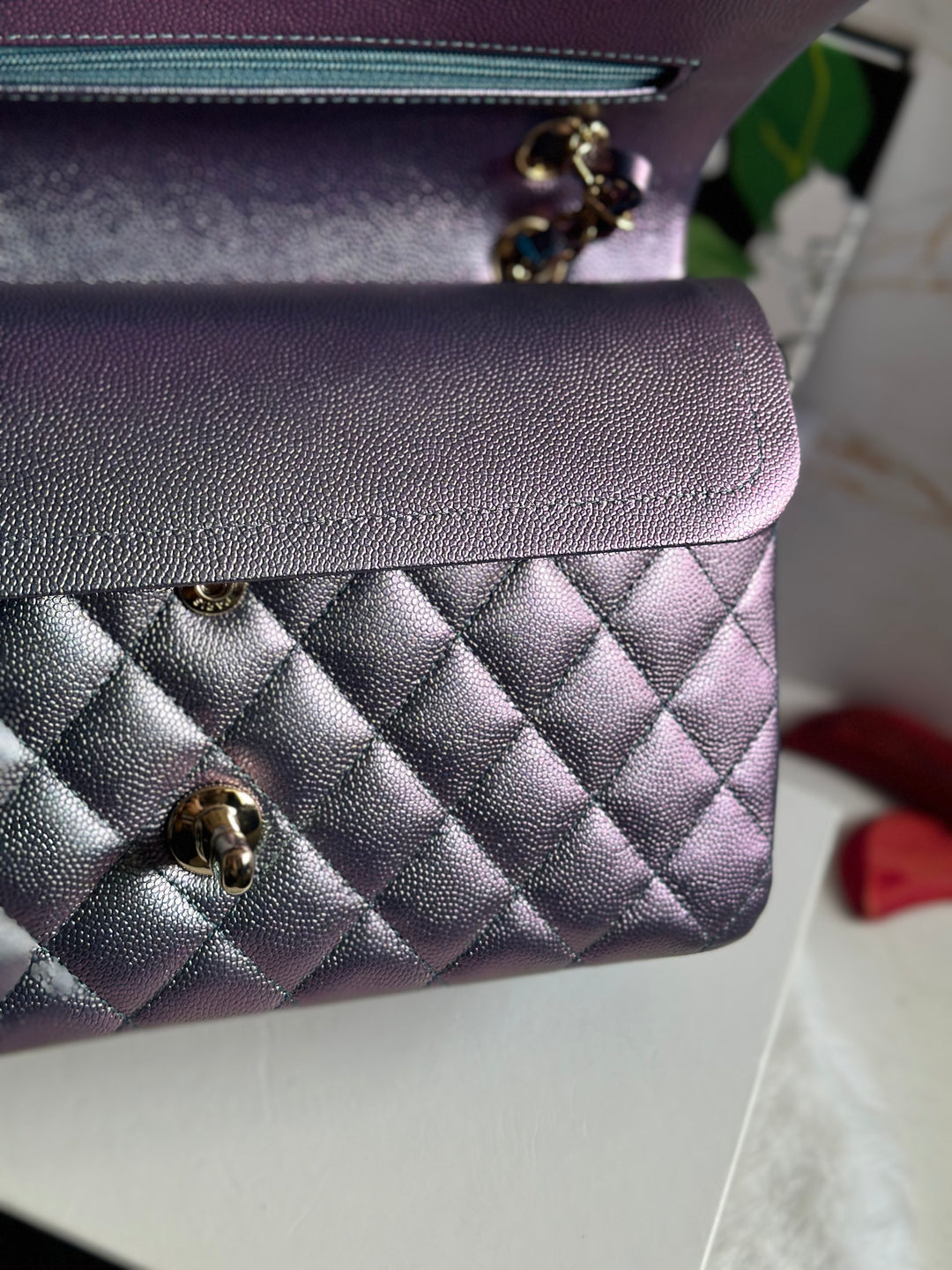 Chanel 22P Iridescent Purple Caviar LGHW Medium ML Timeless Classic Double Flap Bag