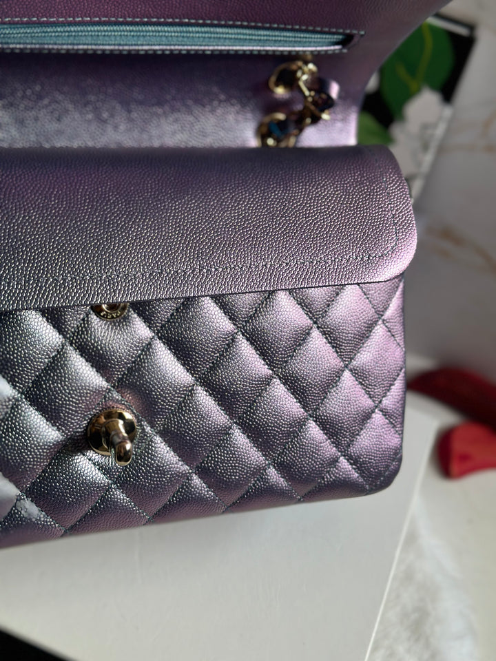 Chanel 22P Iridescent Purple Caviar LGHW Medium ML Timeless Classic Double Flap Bag
