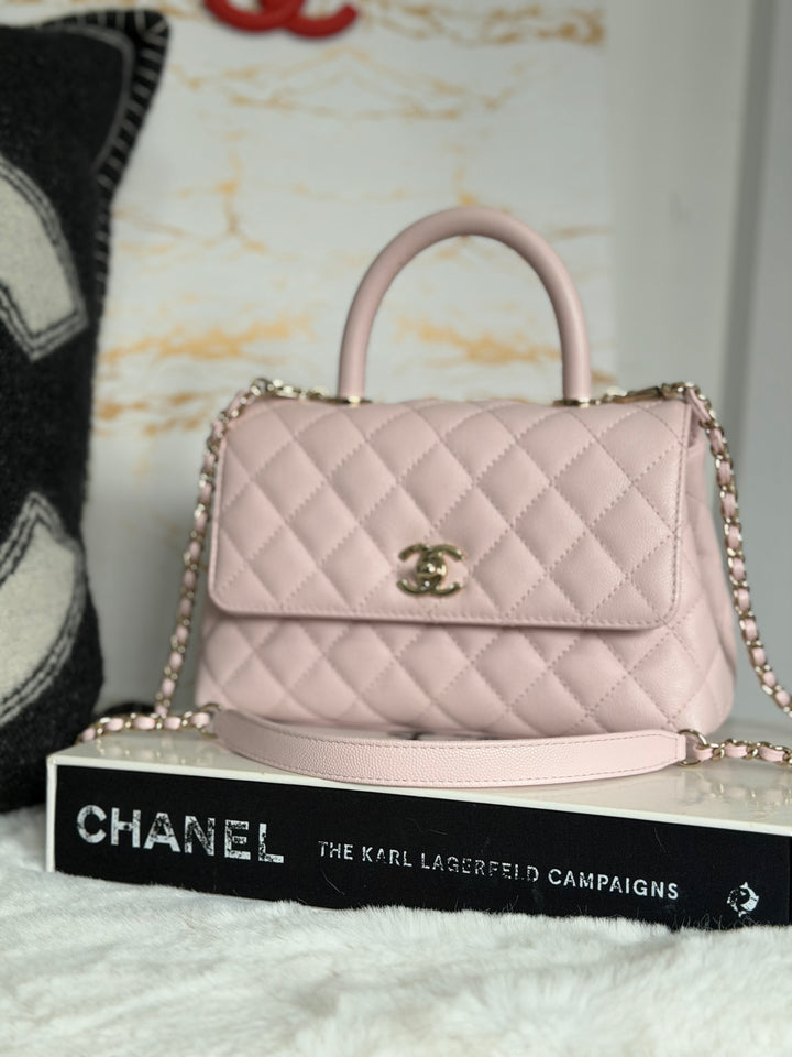 CHANEL 22P Sakura Pink Caviar LGHW Coco Handle Flap Bag with detachable strap 2022 size SMALL