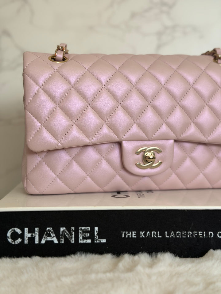CHANEL 21S iridescent Pink Calf Skin LGHW Medium ML Timeless Classic Double Flap Bag series 31 2021