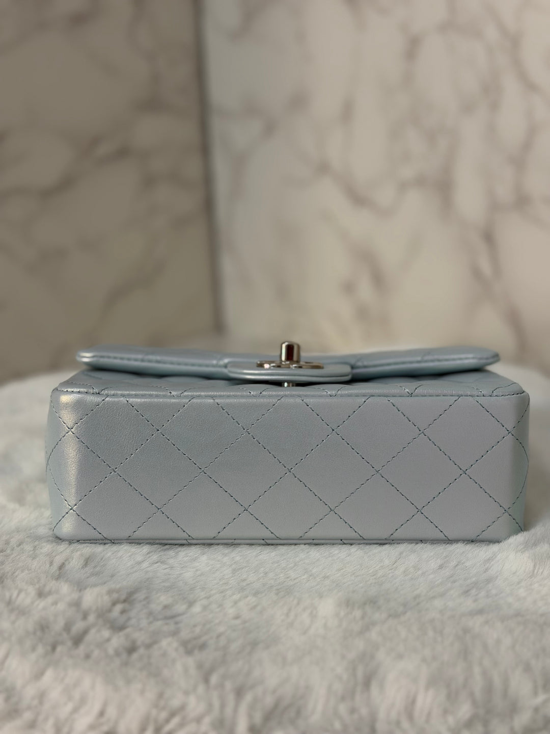 CHANEL 21K 2021 Iridescent light Blue Calf skin SHW Mini rectangular flap bag microchip
