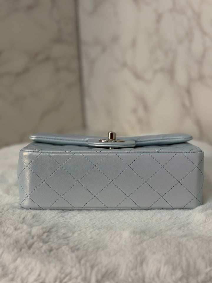 CHANEL 21K 2021 Iridescent light Blue Calf skin SHW Mini rectangular flap bag microchip