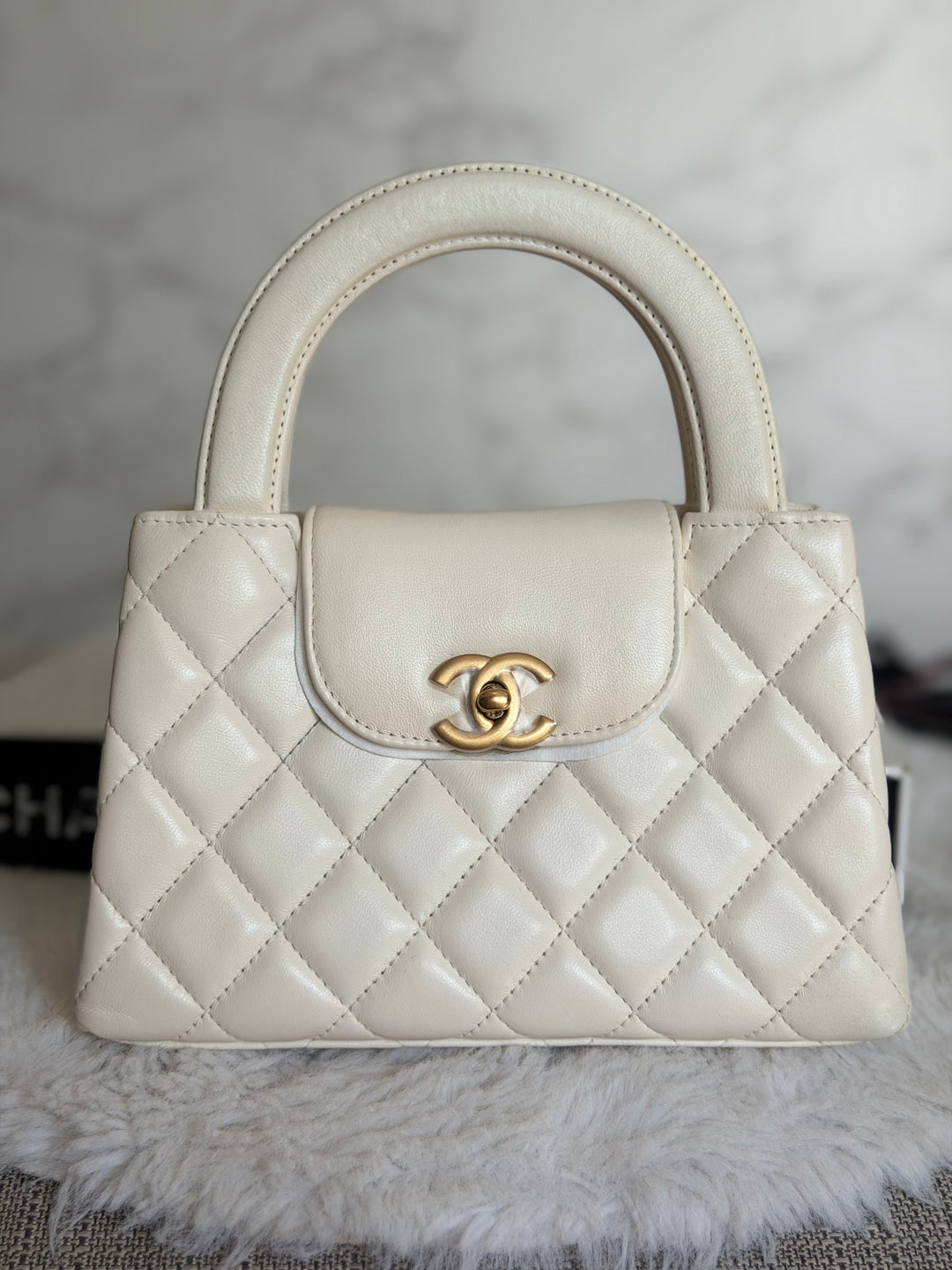 CHANEL White Calf skin Aged GHW Kelly Shopping Bag Size Small 2026