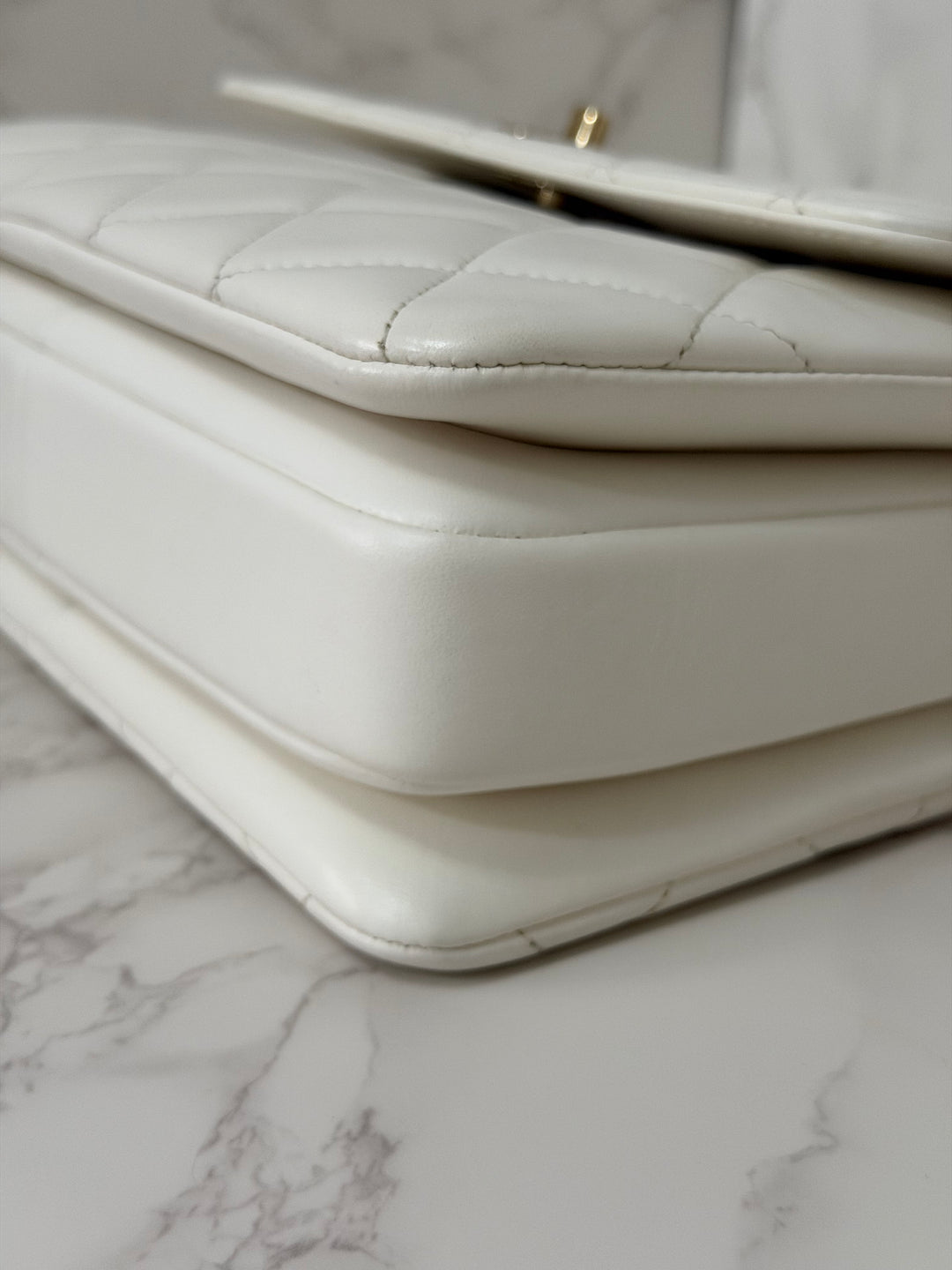 CHANEL 23S collection 2023 White Lambskin LGHW Trendy CC Flap Bag size Small with raised CHANEL Engraved Plate Top Handle