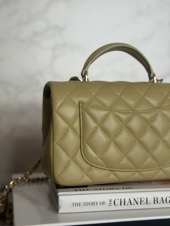 CHANEL 23A Pistachio Green Lambskin LGHW Mini Rectangular Flap Bag with Top Handle 2023