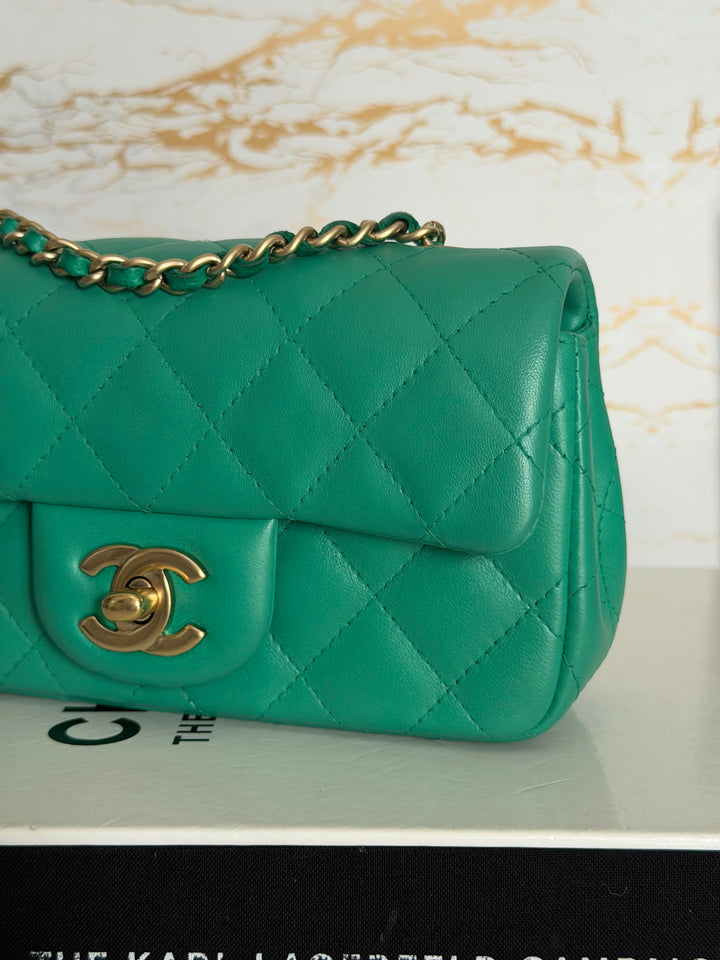 CHANEL series 21 Green Lambskin Brushed GHW Extra Mini Flap Bag 7.5 inches (discontinued line)