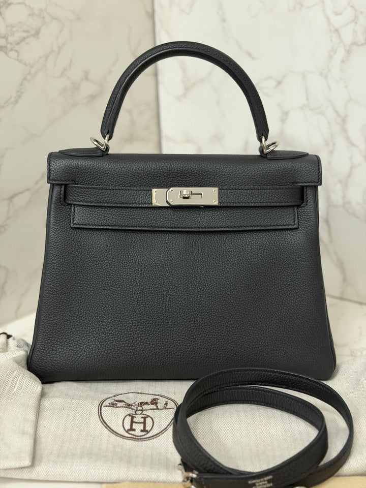 HERMES Noir Black Togo Leather with Palladium Hardware Kelly 28 Retourne Bag Stamp R 2014