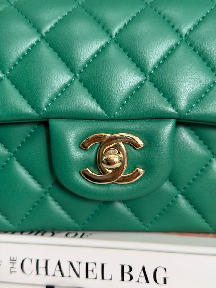 CHANEL Green Lambskin LGHW Mini Rectangular Flap Bag with Top Handle 2022 22A collection