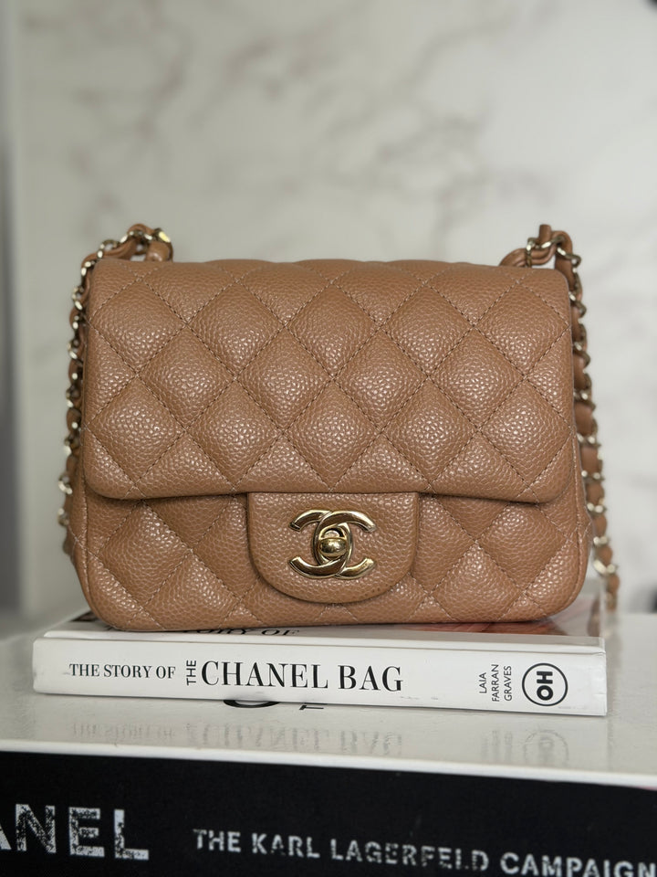 CHANEL 18S series 25 Dark Beige Caviar LGHW Square Mini Flap Bag 2018 Rare