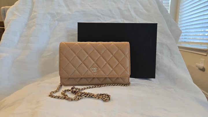 CHANEL 23P Caramel Dark Beige Caviar LGHW Classic Wallet On Chain (WOC)
