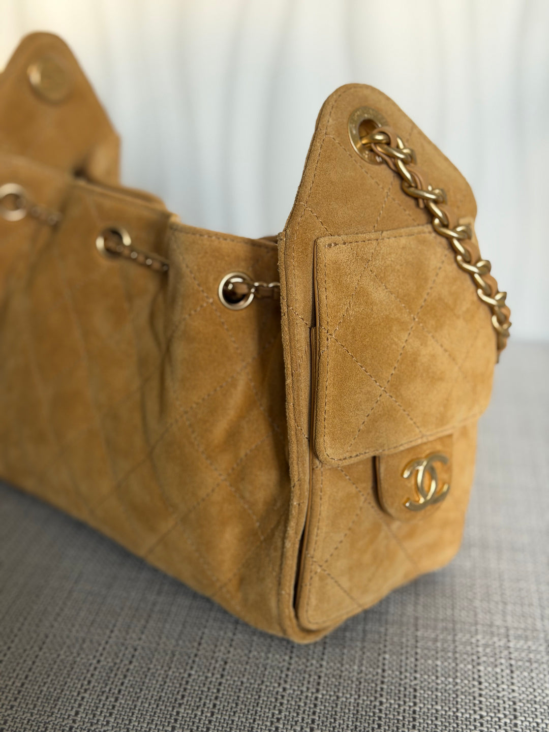 CHANEL 26C Dark Beige Camel Suede U5319 Aged GHW Mini 25 Hobo Bag