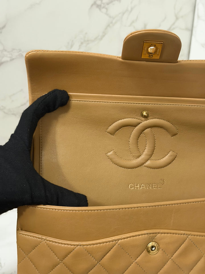 CHANEL series 4 Vintage 24K GHW Dark Beige Lambskin Timeless Classic Medium Double Flap Bag