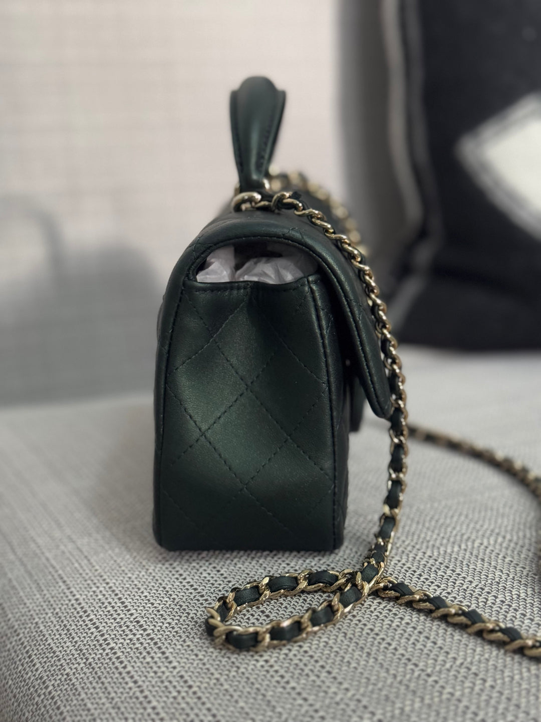 Chanel Iridescent Dark Green Lambskin Mini Rectangular Flap Bag with Top Handle and Champagne GHW