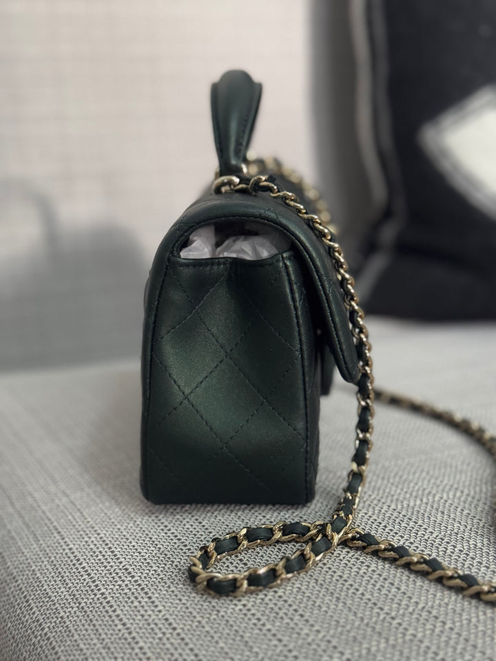 Chanel Iridescent Dark Green Lambskin Mini Rectangular Flap Bag with Top Handle and Champagne GHW