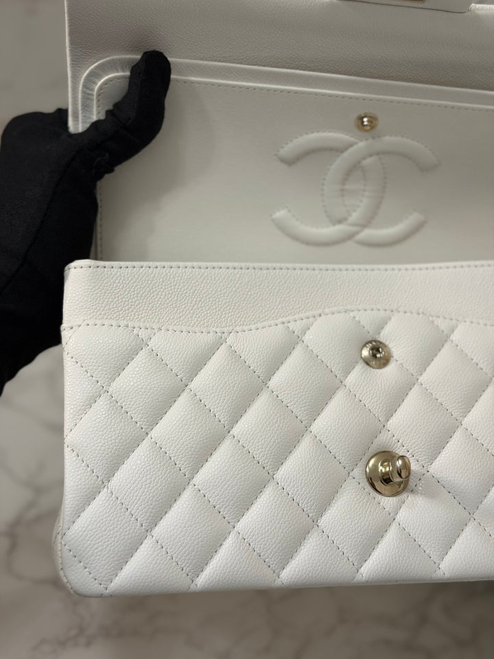 CHANEL 2023 White Caviar LGHW Medium ML Timeless Classic Double Flap Bag