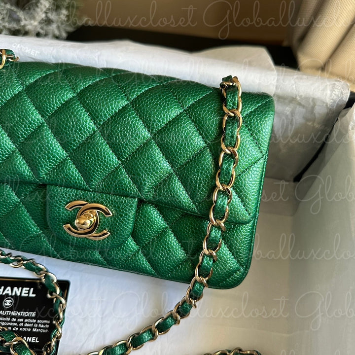 CHANEL 18S Series 25 Emerald Green Caviar LGHW Mini rectangular flap bag 2018 RARE UNICORN FIND
