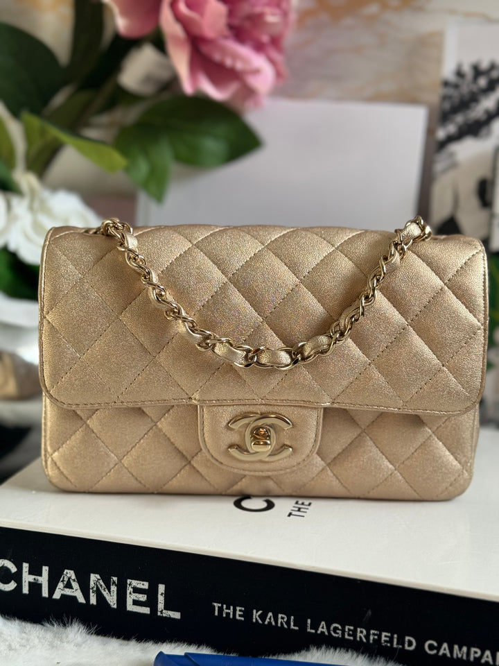 Chanel 21P series 31 Iridescent Gold Lambskin LGHW Mini Rectangular Flap Bag