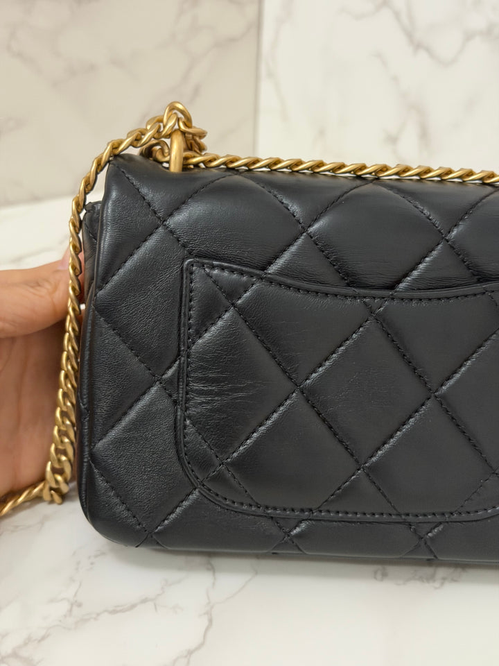 CHANEL Resin CC Black Lambskin Aged GHW Seasonal Flap Bag 2023