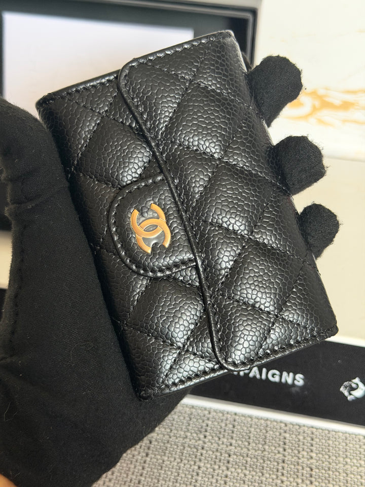 CHANEL Black Caviar LGHW Classic Flap Snap Card Holder