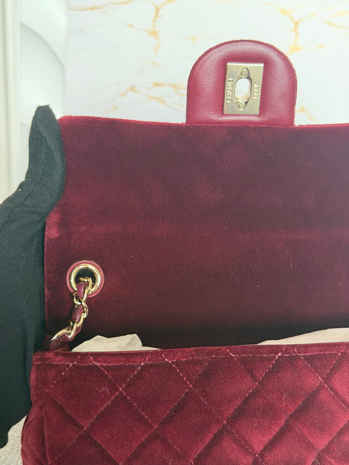 CHANEL series 31 Burgundy Dark Red Velvet Crystal Pearl Crush Adjustable Strap Mini Rectangular Flap Bag 2020/2021