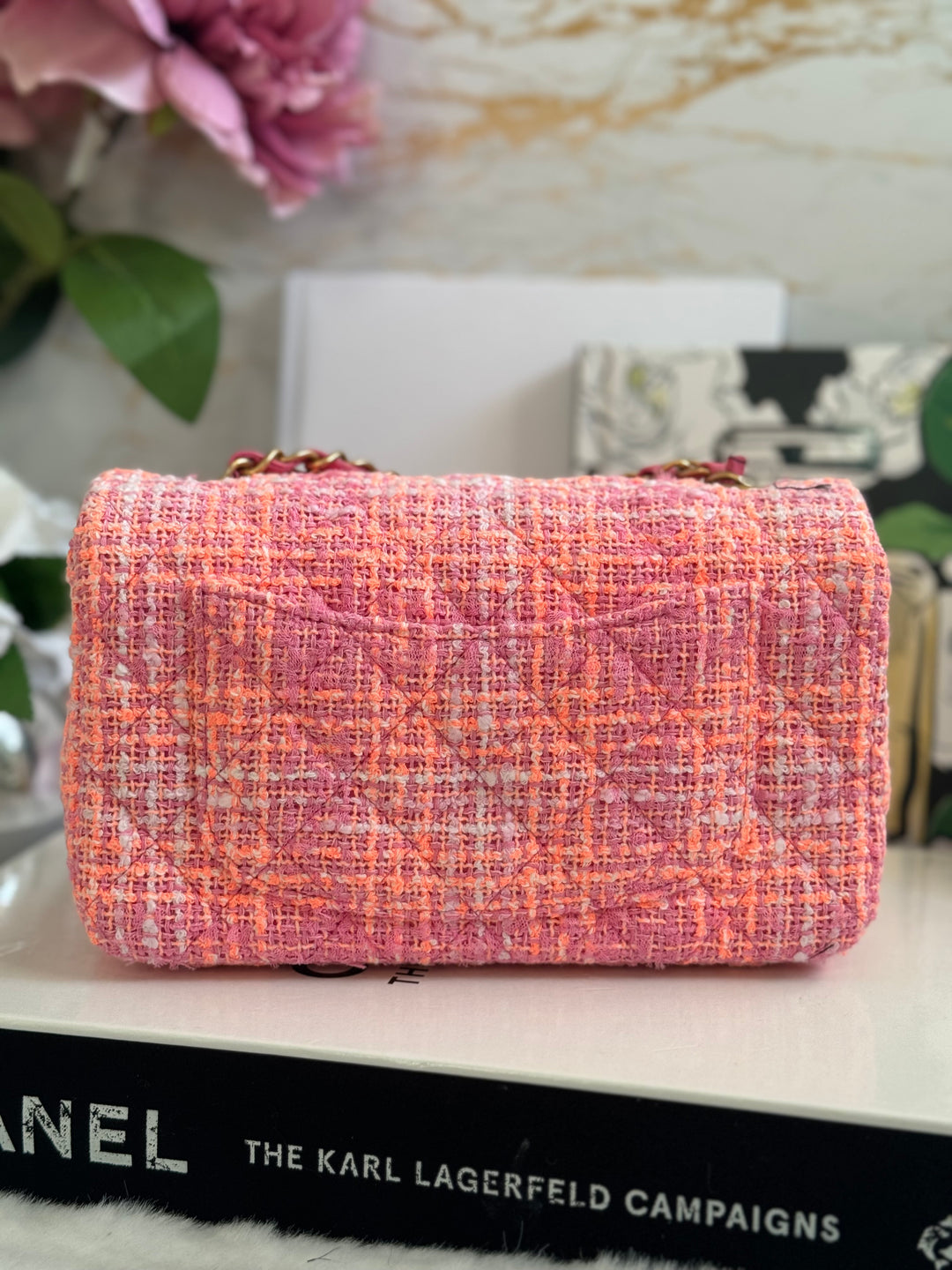 Chanel 24C 2024 Cruise Collection Tweed Pink Orange White Mini Rectangular Flap Bag with Aged GHW