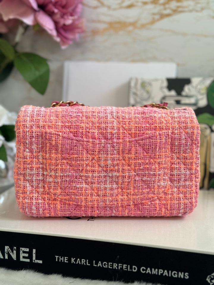 Chanel 24C 2024 Cruise Collection Tweed Pink Orange White Mini Rectangular Flap Bag with Aged GHW